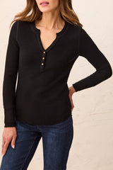 Button Detail Henley Long Sleeve Top Black