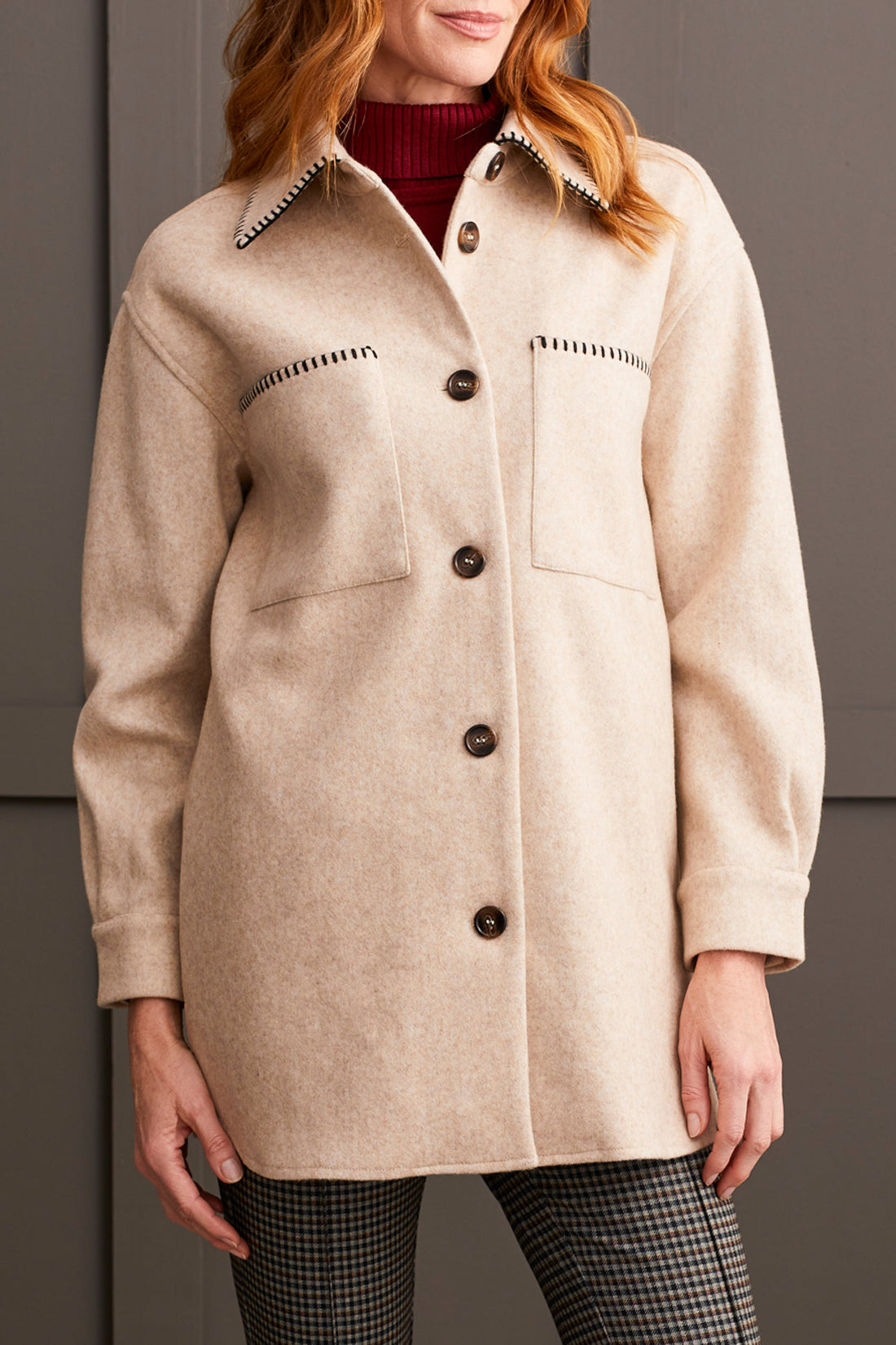 Blanket Stitch Button Front Jacket Heather Tan