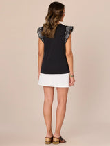 Emb. Flutter Sleev Sweetheart Knit Top Black + Off White