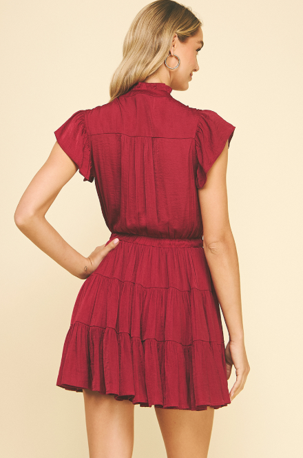 Button Detail Tie Waist Tiered Mini Dress Berry