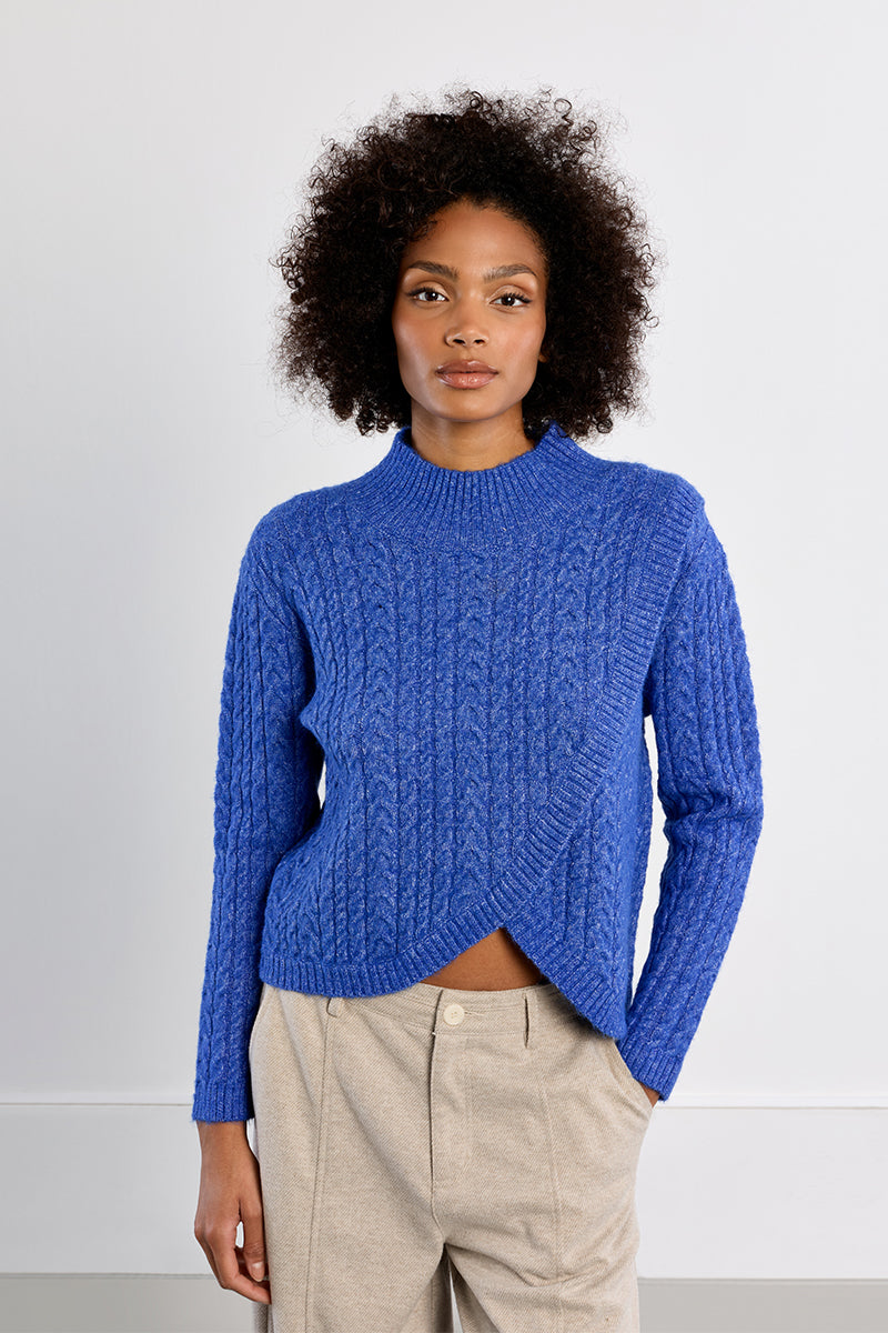 Cable Knit Crossover Mock Neck Sweater Royal Blue