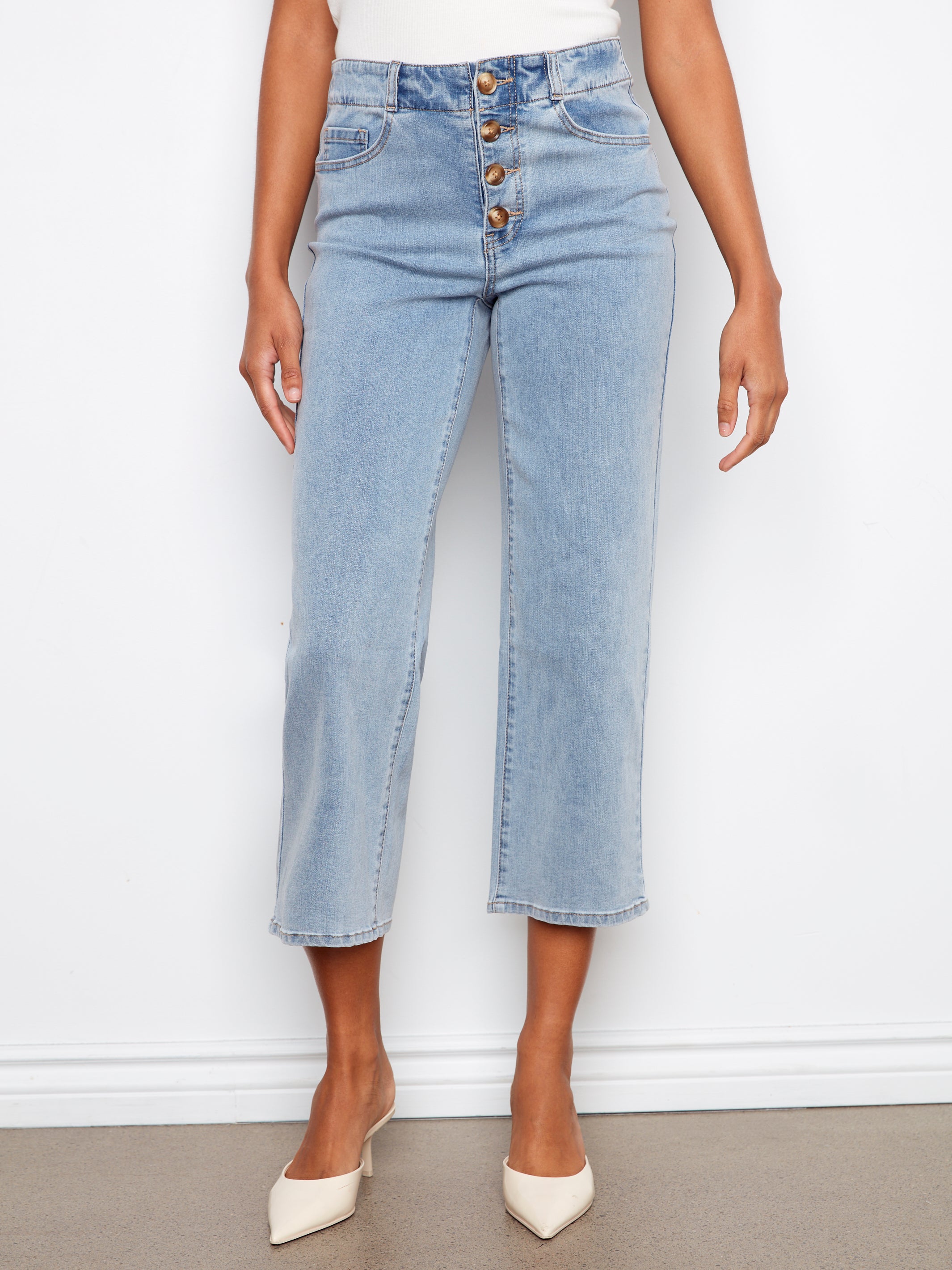 Flex Front Button Fly Straight Crop Pants Light Blue