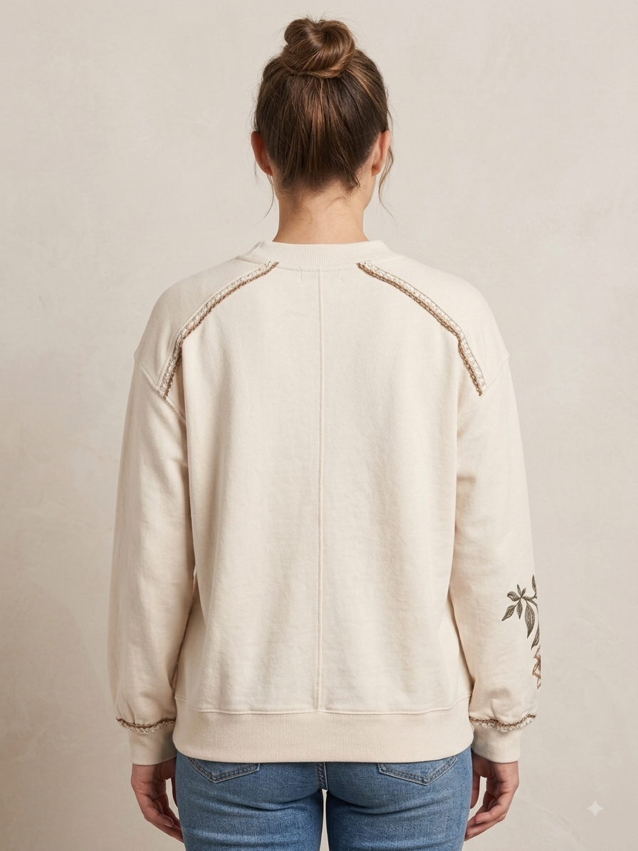 Long Blouson Sleeve Emroidered Sweatshirt Ecru Multi