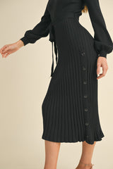 Ribbed Sweater Knit Button Detail Midi Dress Black