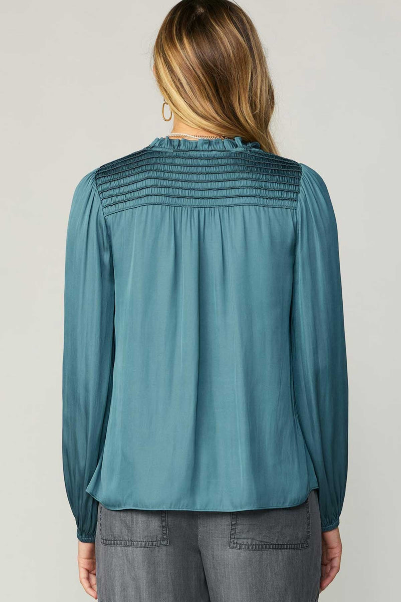 Self Tie Ruffle Smocked Detail Blouse Aegean Blue