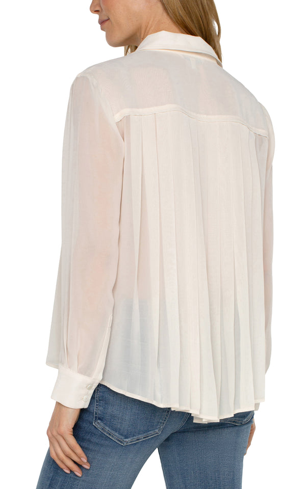 Pleat Back Button Up Long Sleeve Shirt Cream