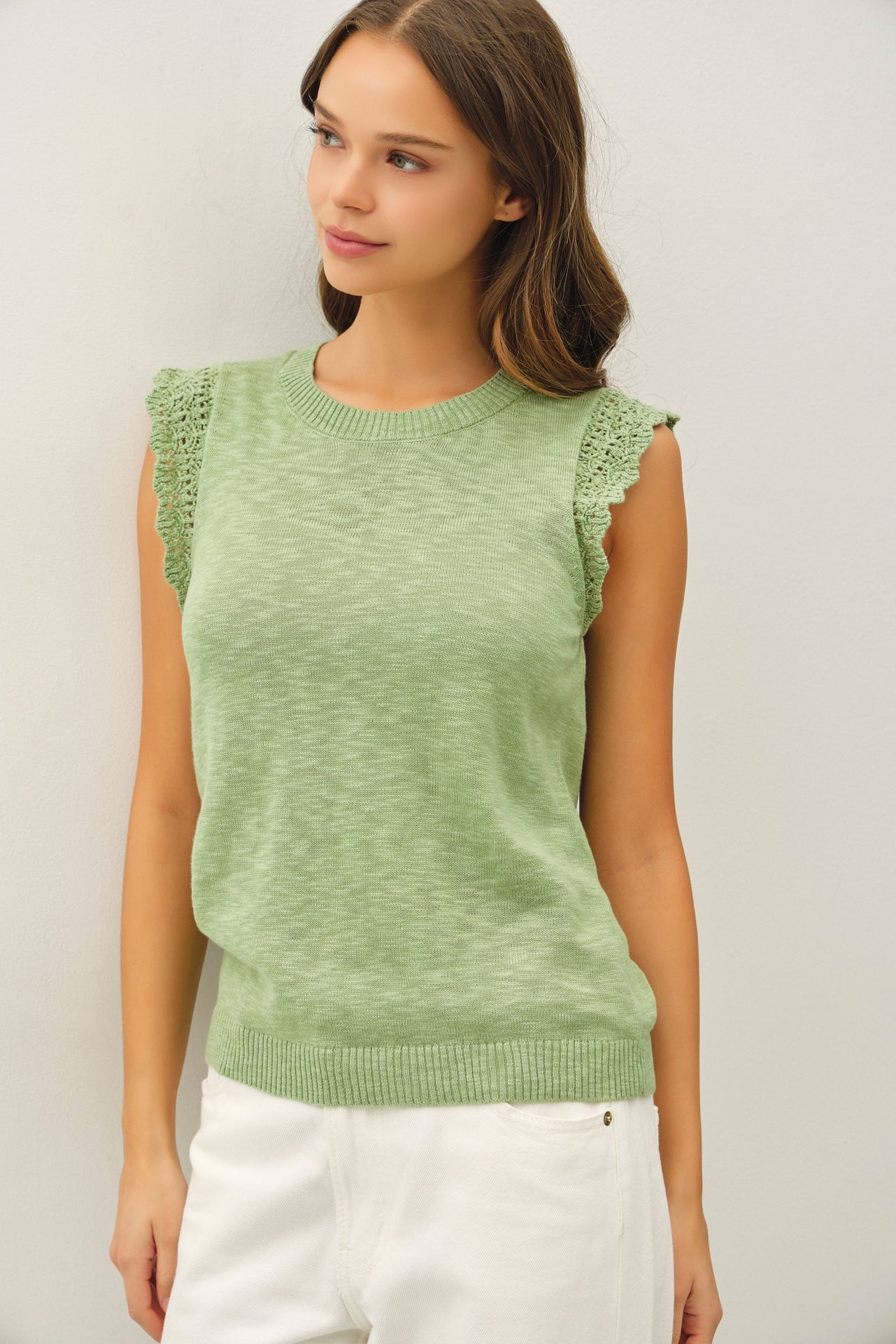 Crochet Ruffle Cap Sleeve Slub Sweater Apple Mint