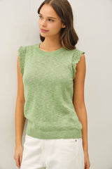 Crochet Ruffle Cap Sleeve Slub Sweater Apple Mint