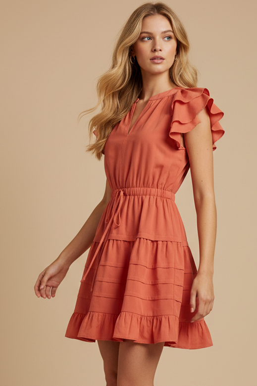 Flutter Sleeve Tiered Mini Dress Orange Red