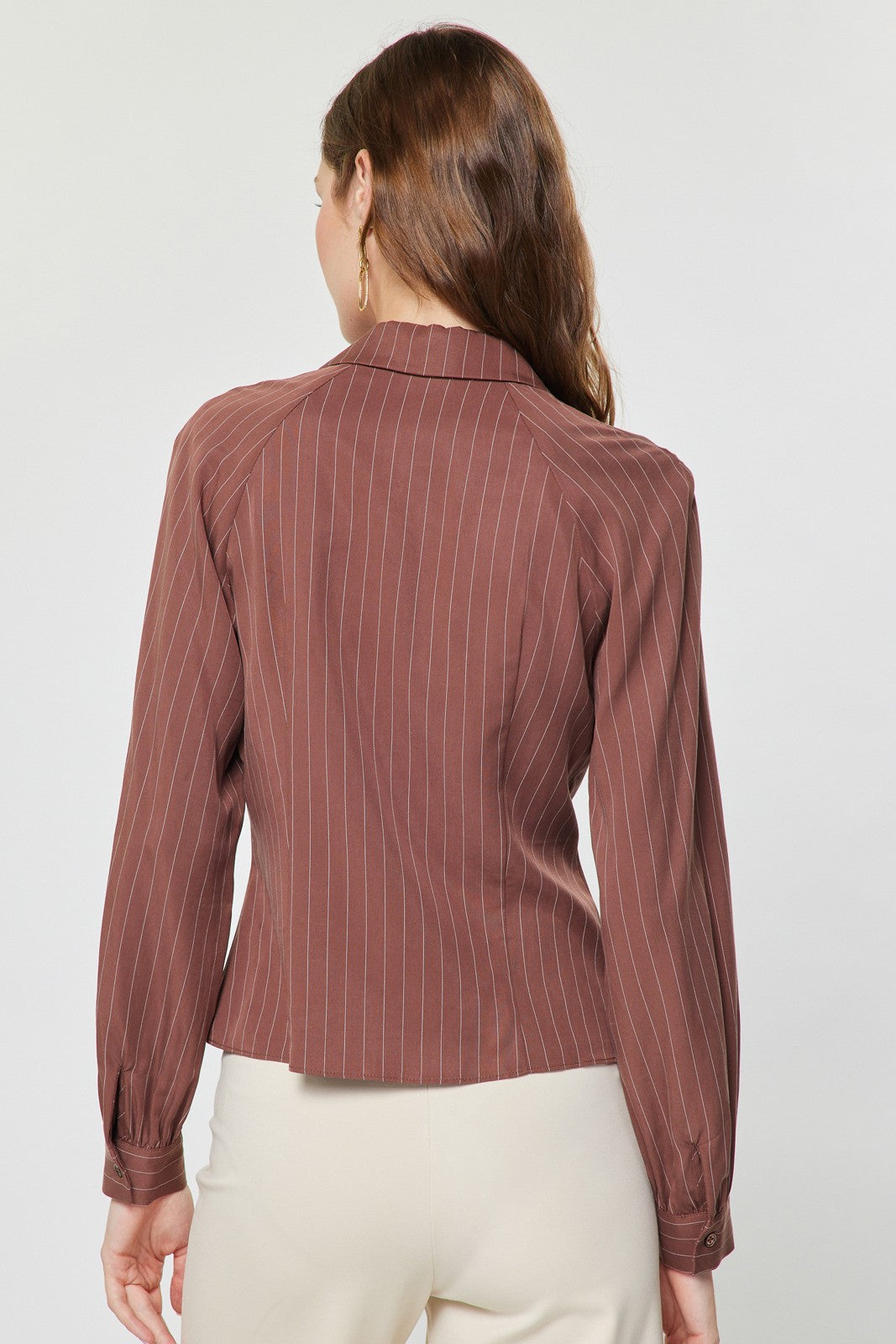 Striped Tie Front Long Sleeve Collared Shirt Mocha