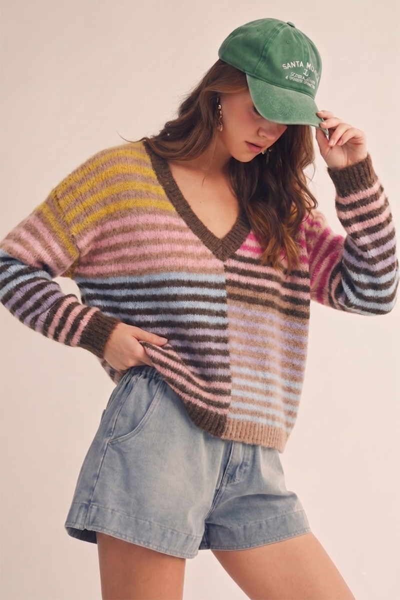 Cozy Multi Stripe Vneck Sweater Multi