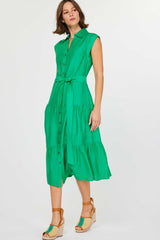 Button Down Tiered Midi Dress Green