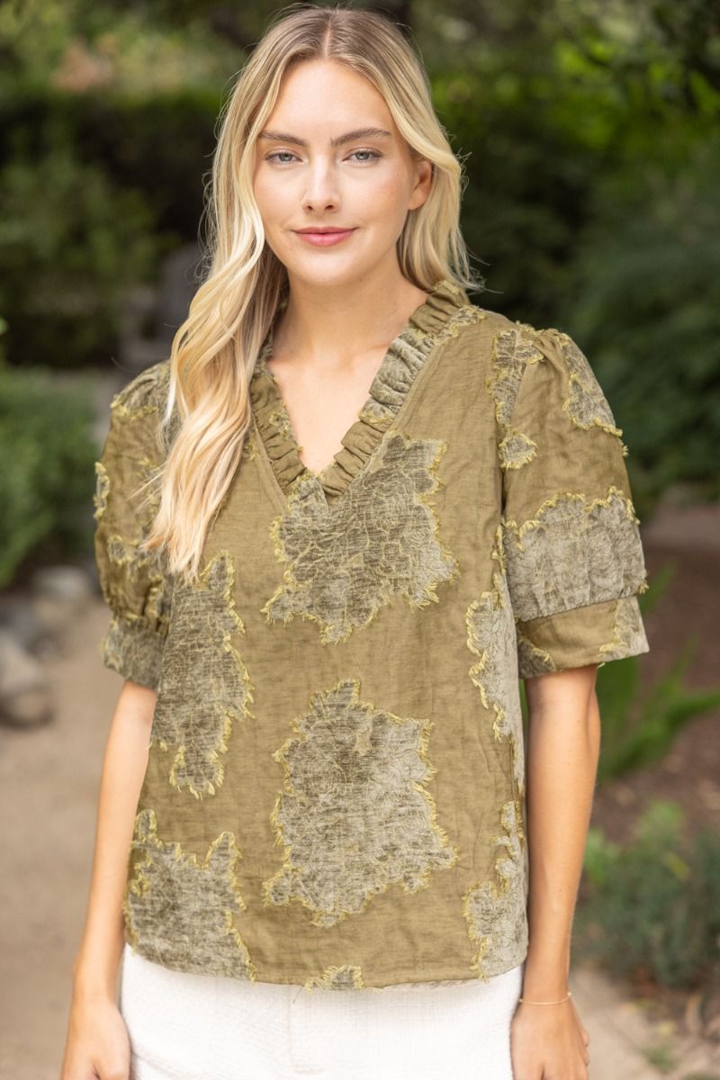 Ruffle Vneck Vintage Burnout Velvet Top Olive