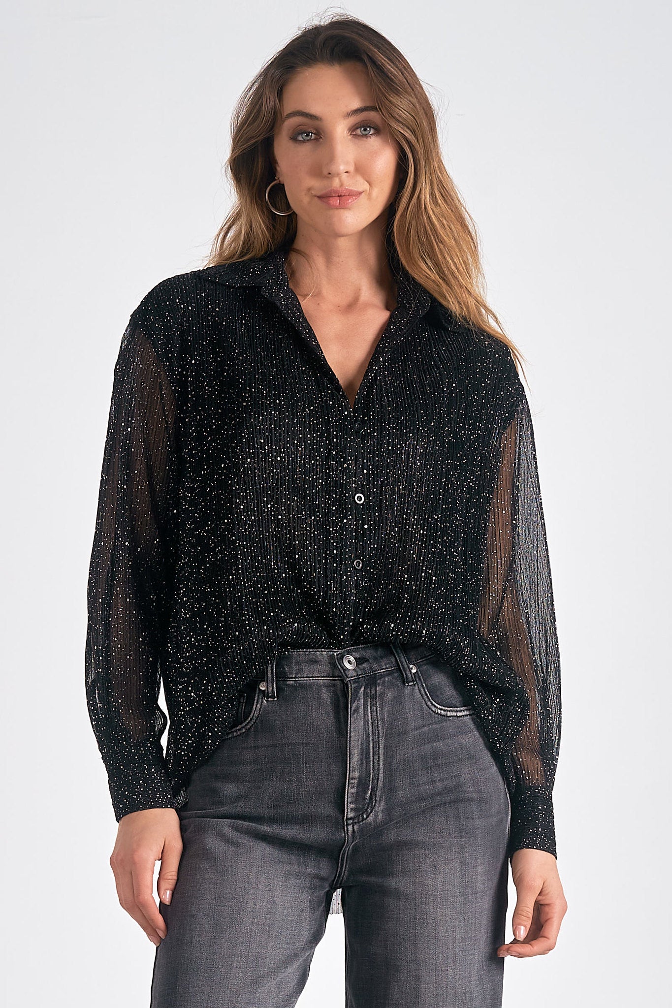 Textured Stripe Glitter Button Down Shirt Black Specs