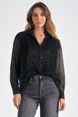Textured Stripe Glitter Button Down Shirt Black Specs