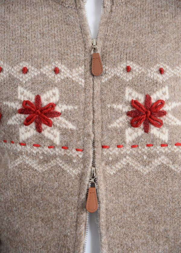 Nayeli Snowflake Print Zip Sweater Cardi Taupe