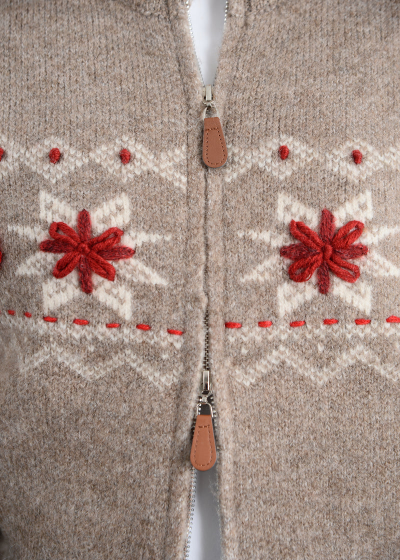 Nayeli Snowflake Print Zip Sweater Cardi Taupe
