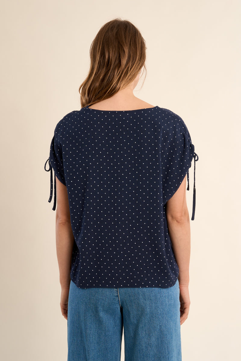 Polka Dot Tie Sleeve Button Detail Blouse Navy Blue