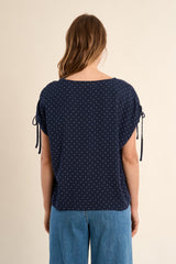 Polka Dot Tie Sleeve Button Detail Blouse Navy Blue