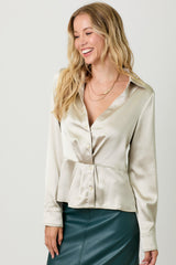 Collared Pleat Button Detail Peplum Satin Blouse Champagne