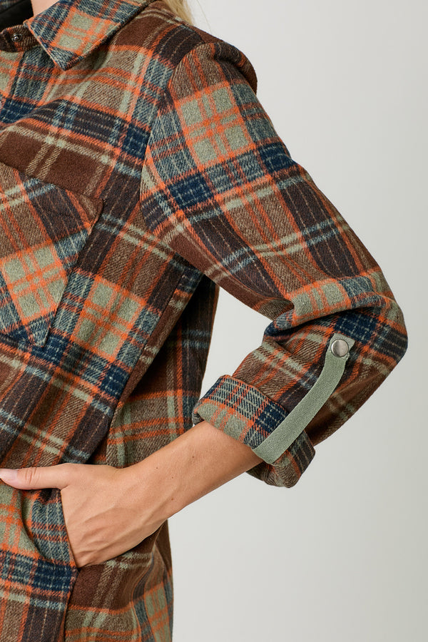 Rolled Tab Sleeve Plaid Shacket Chocolate