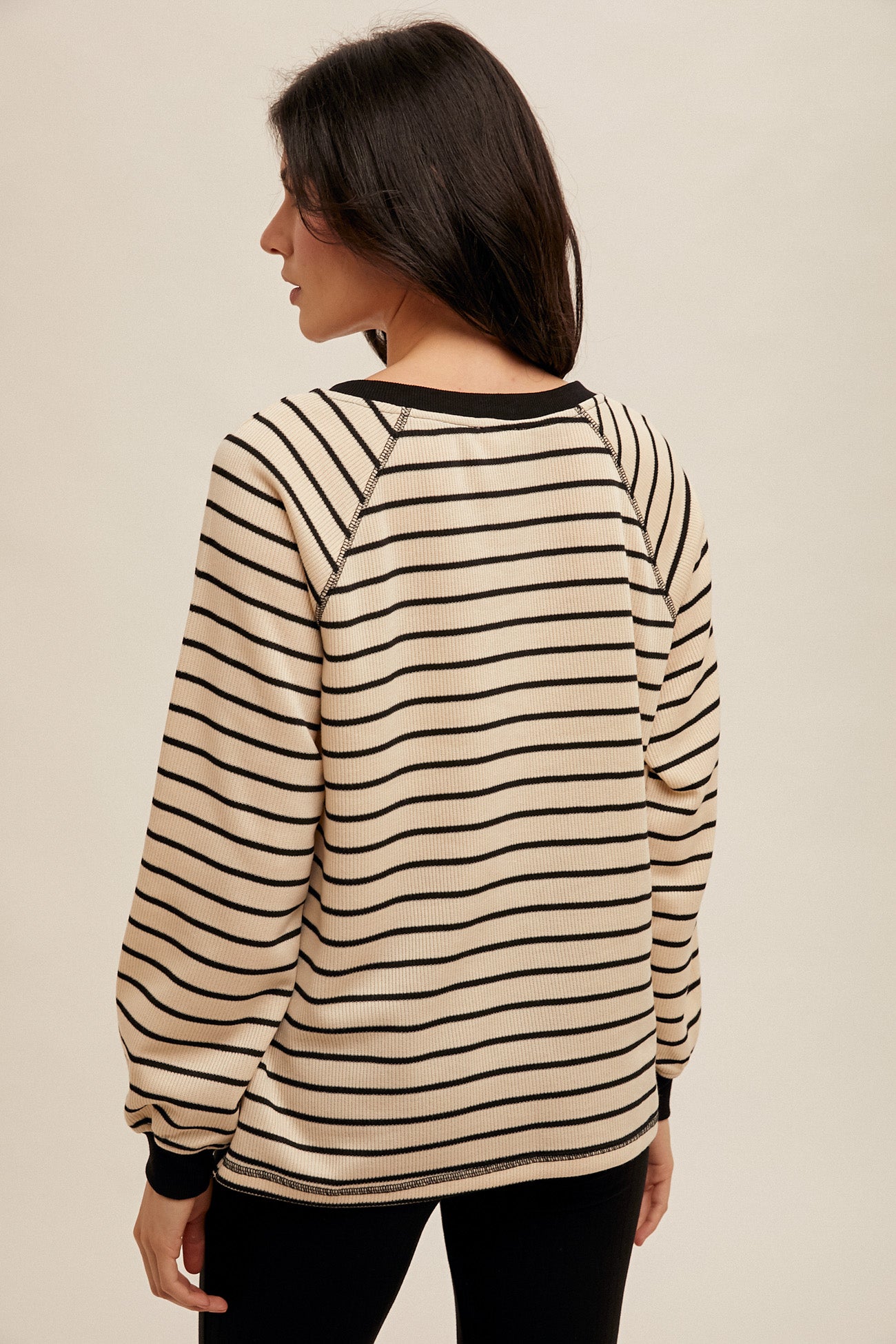 Side Slit Oversize Stripe Long Sleeve Top Black