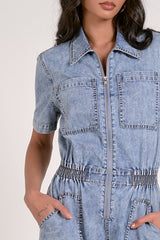 Short Sleeve Scrunched Waist Jumpsuit Light Blue