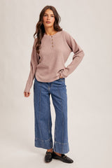 Side Slit Waffle Sweater Button Up Mauve
