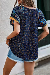 Ethnic Boho Print Split Vneck Flare Sleeve Blouse Navy