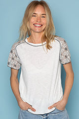 Floral Stitch Detail Raglan Sleeve Top Off White