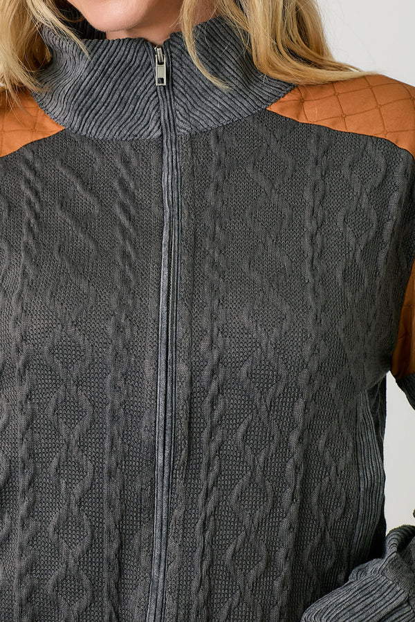 Quilted Knit Zip Mix Media Bomber Jacket Charcoal Mix