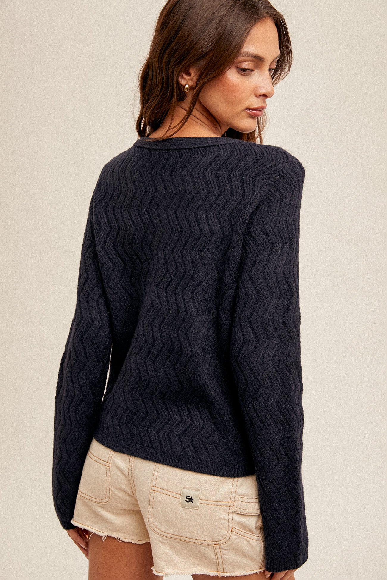 Chevron Pattern Button Down Cardigan Deep Navy