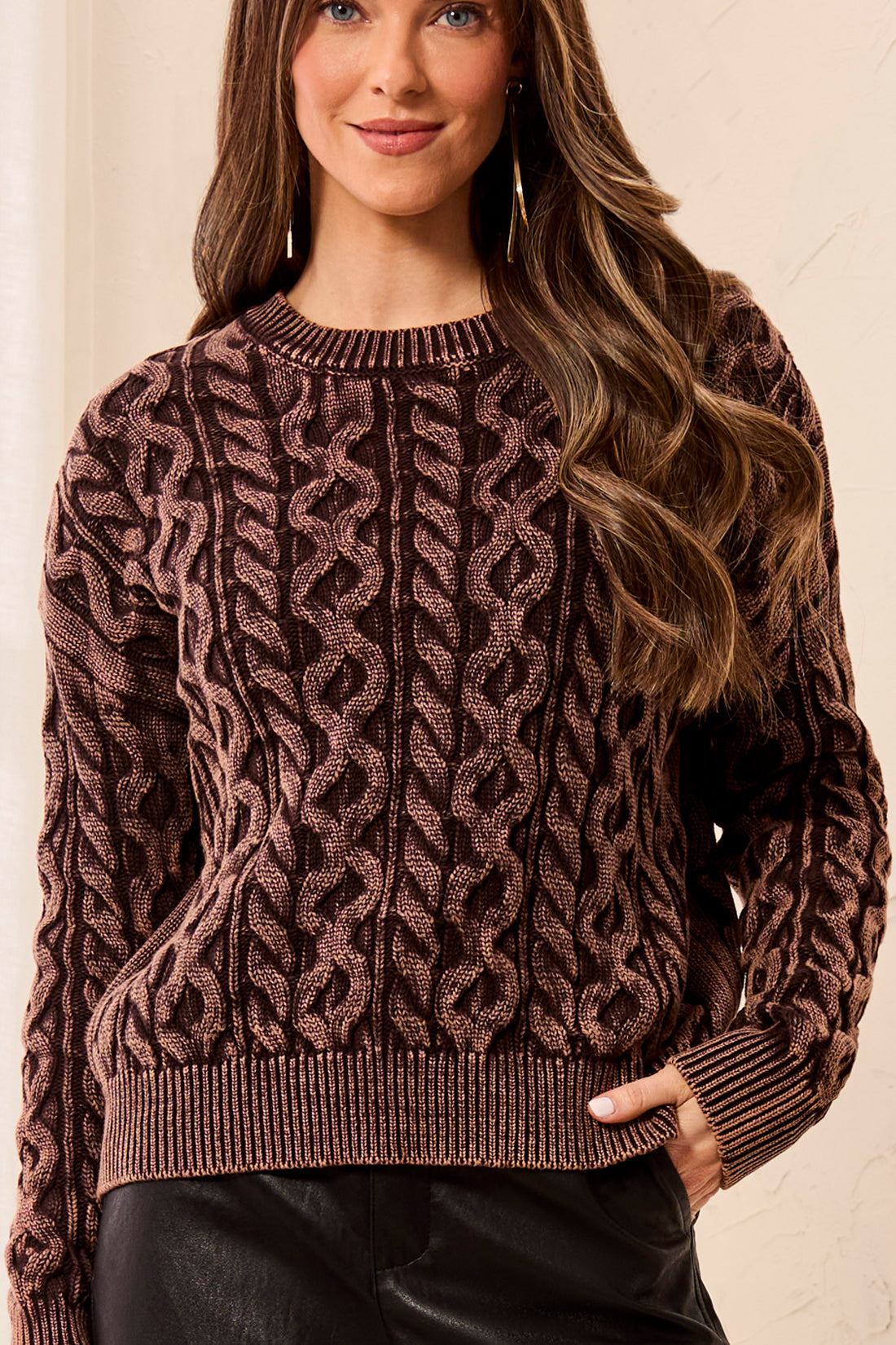 Special Wash Cable Detail Sweater Saddle Brown