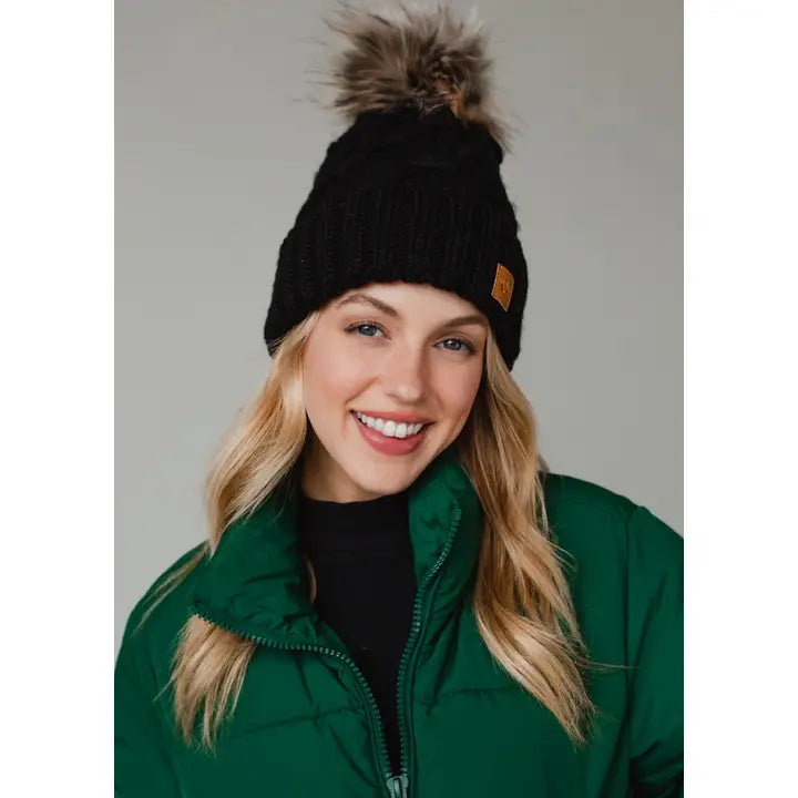 Diamond Cable Knit Pom Hat Black