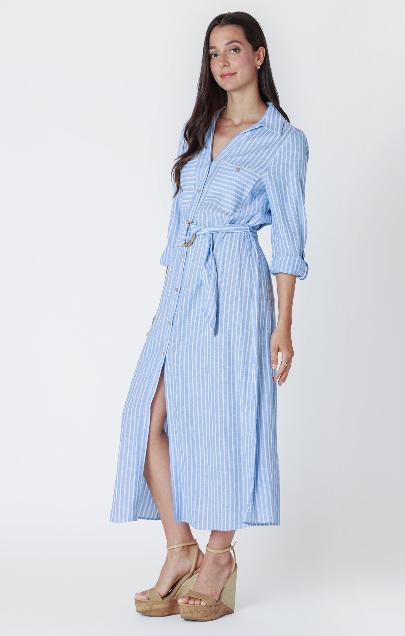 Belted Button Down Maxi Shirt Dress Chambray + White Stripe