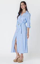 Belted Button Down Maxi Shirt Dress Chambray + White Stripe