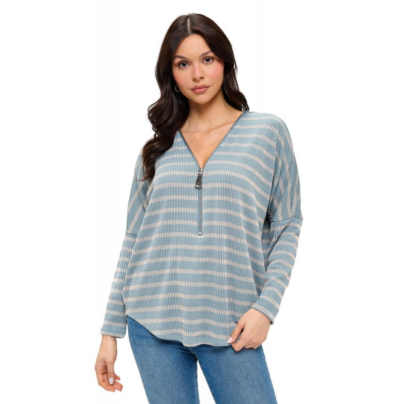 Dolman Zipper Top Mint Textured Stripe