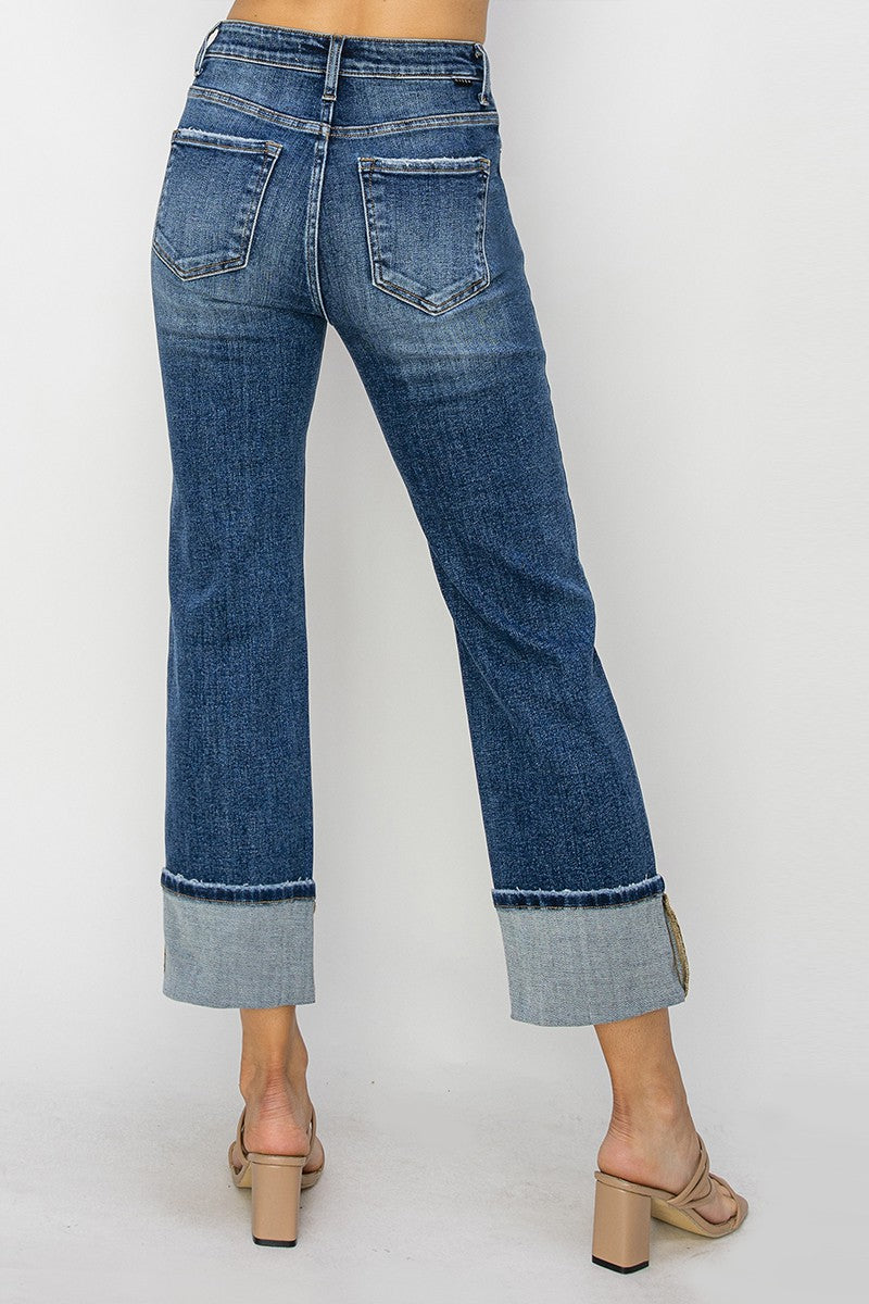 Front Seam High Rise Cuffed Straight Jeans Dark
