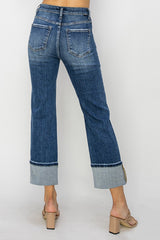 Front Seam High Rise Cuffed Straight Jeans Dark