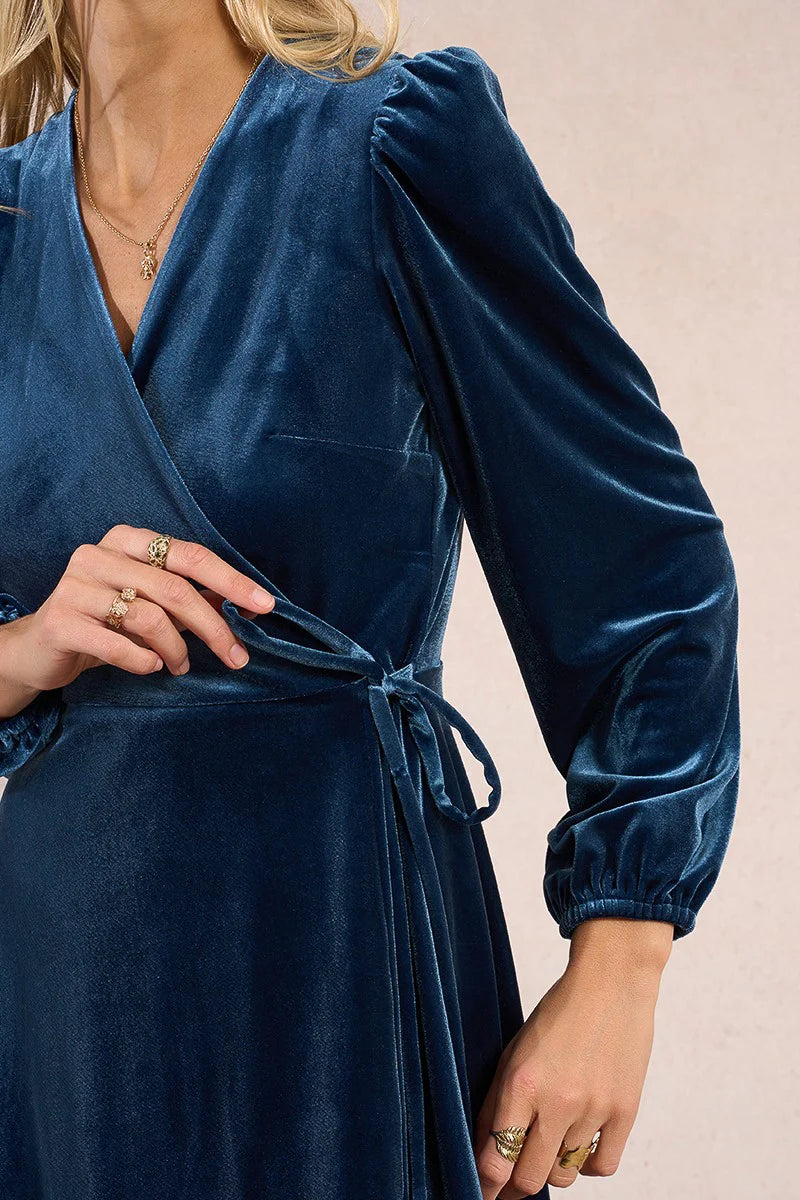 Long Sleeve Velvet Tied Wrap Mini Dress Denim Blue