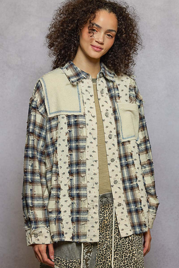 Relaxed Distressed Plaid Button Down Natural Multi