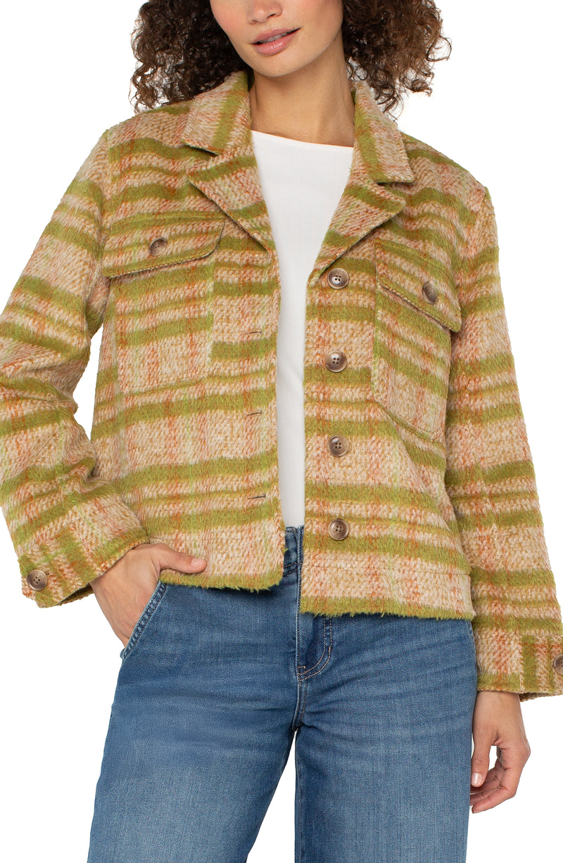 Button Front Boxy Shacket Green Gold Plaid