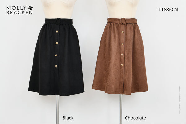 Suede Belted Button Detail Knee Length Skirt