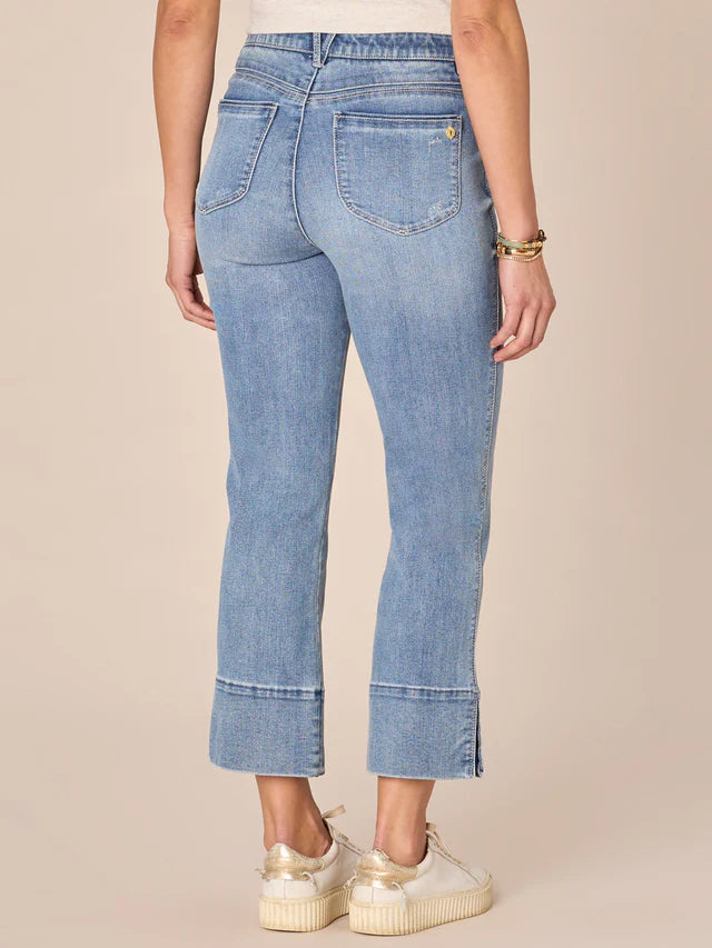 Center Seam Side Slit High Rise Kick Flare Jeans Light Blue