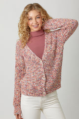 Bubble Sleeve Mix Yarn Chunky Buttoned Cardi Berry Mix