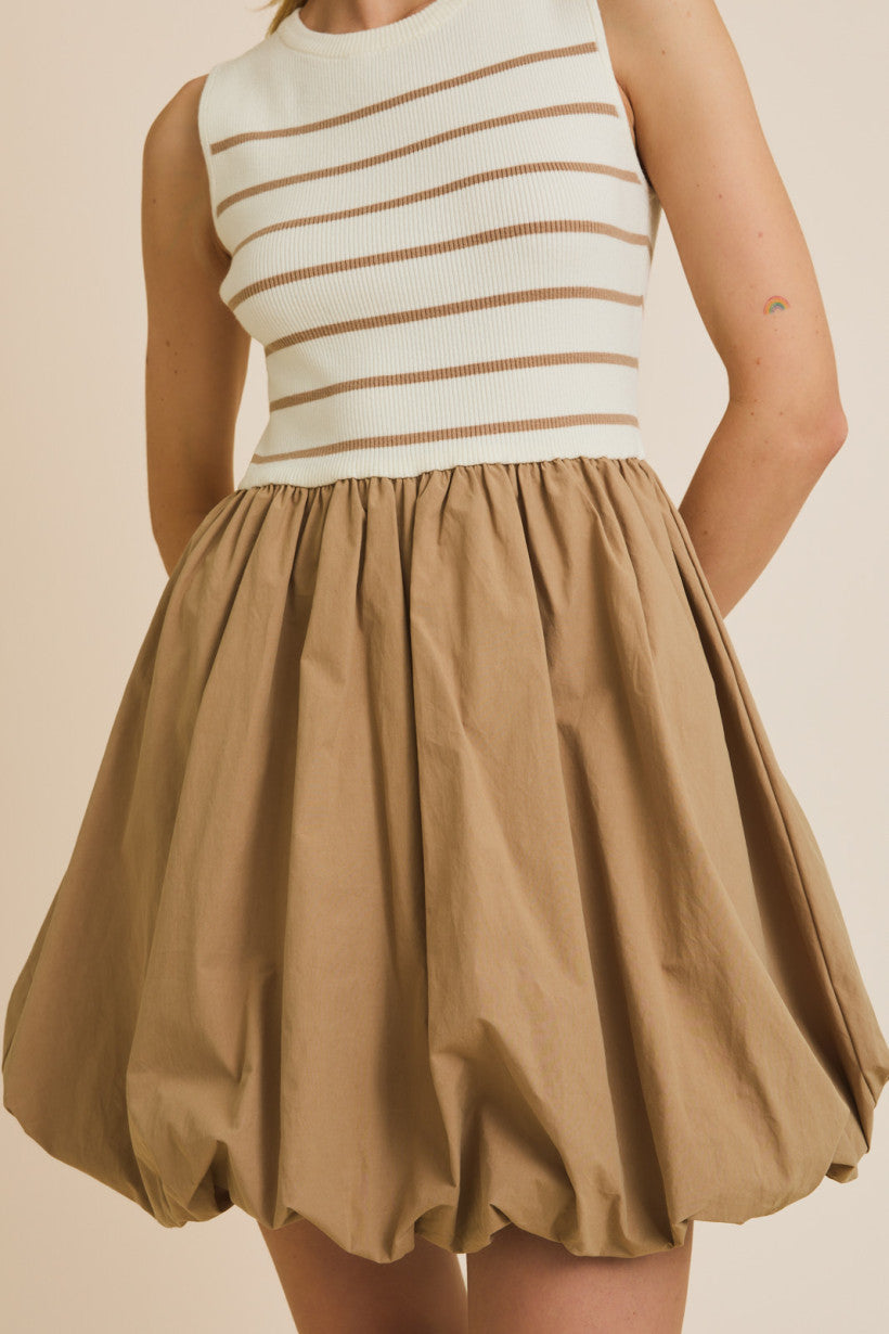 Striped Knit Sleeveless Bubble Hem Mini Dress White + Taupe