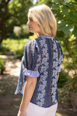 Stripe Ruffle Detail Floral Puff Sleeve Top Navy
