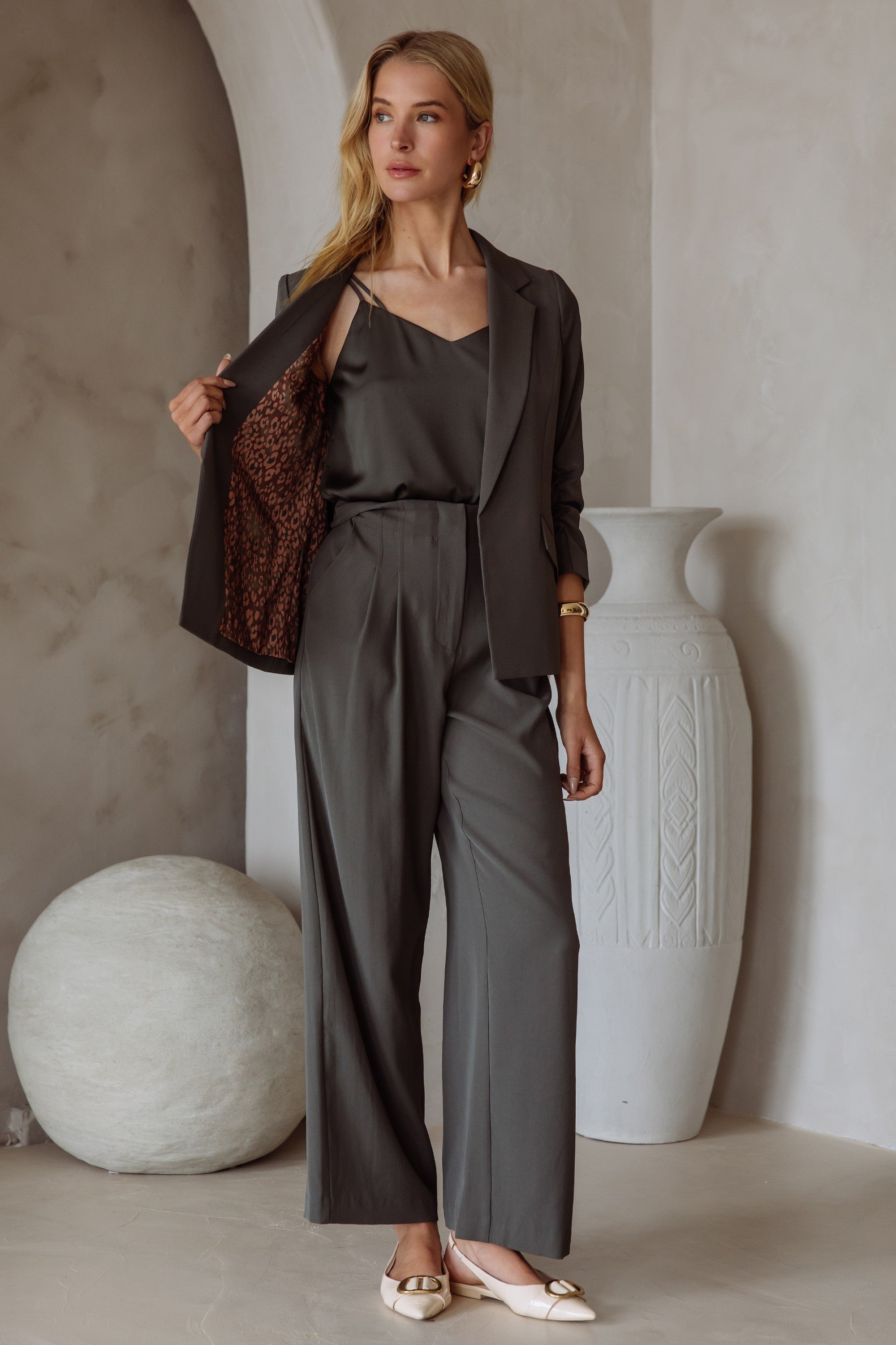 Shirred Sleeve Blazer Dark Olive
