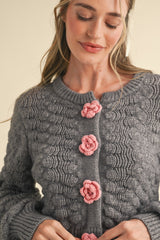 Rosette Detail Textured Sweater Cardigan Charcoal Grey