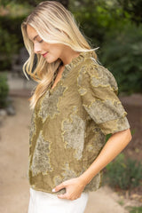 Ruffle Vneck Vintage Burnout Velvet Top Olive